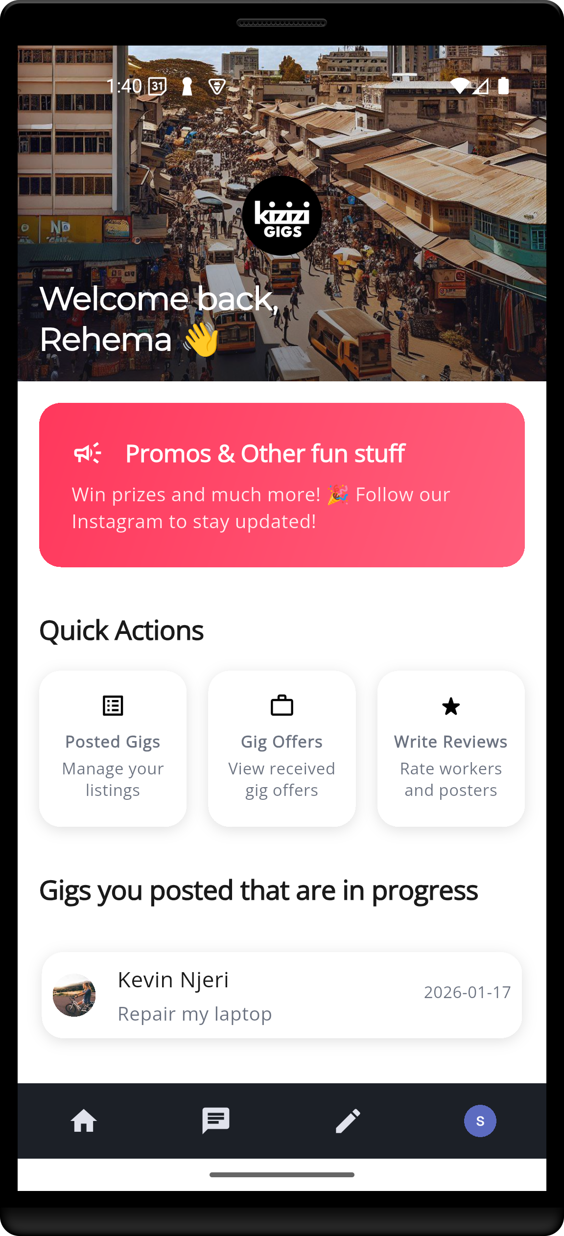Kizizi Gigs home screen